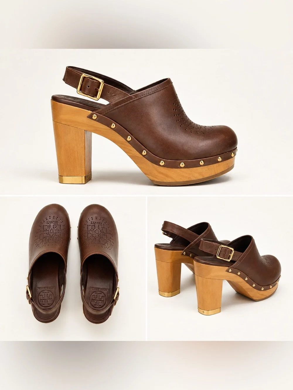 Tory Burch Brown Leather Wood-Platform Clogs with Gold Studs